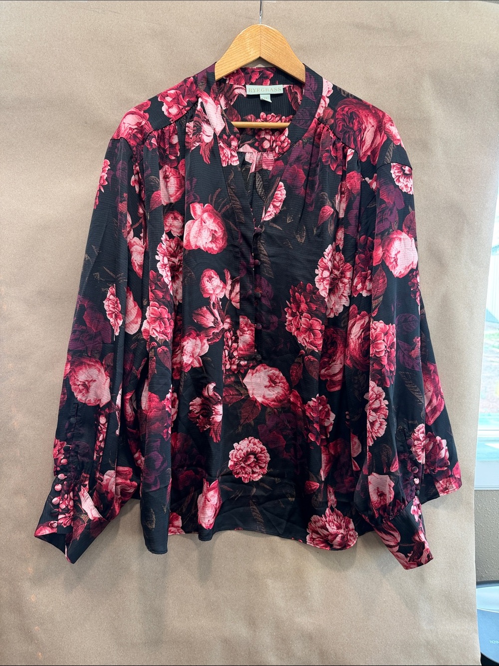 Ryegrass Black Blouse with Rose Pink Floral Print